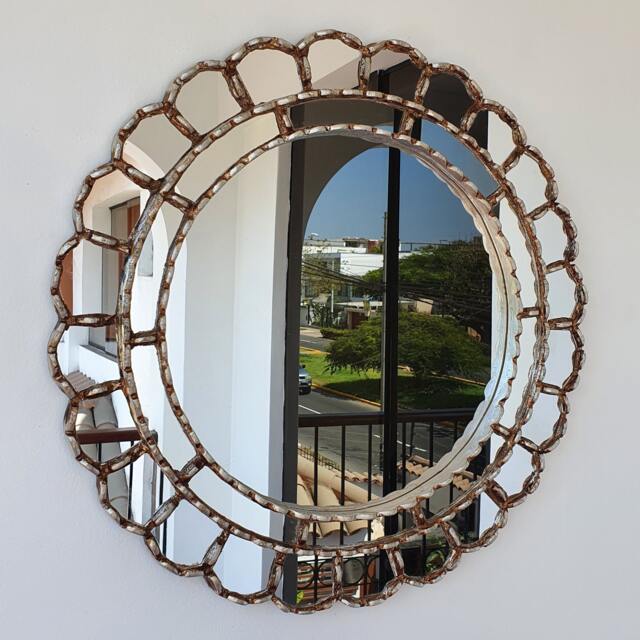 Peruvian Silver Cuscaja Mirror 50 cm Handmade Wall Decor - Carved Wood Round Statement For Living Room Bathroom - image 1