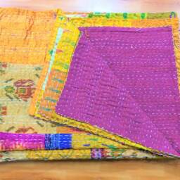 Handmade Yellow Matching Patola Patchwork Knatha Quilt, Kantha Bedspread - thumbnail 3