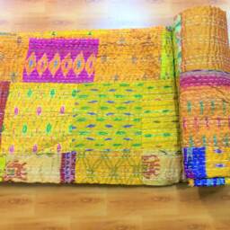 Handmade Yellow Matching Patola Patchwork Knatha Quilt, Kantha Bedspread - thumbnail 2