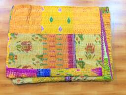 Handmade Yellow Matching Patola Patchwork Knatha Quilt, Kantha Bedspread