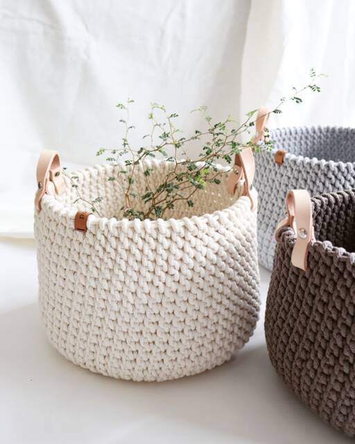 Handwoven Plant Pot Cover Organic Cotton Basket With Leather Handles - image 1