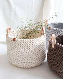 Handwoven Plant Pot Cover Organic Cotton Basket With Leather Handles
