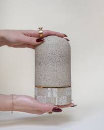 Speckled Stoneware Tapered Vase With Hand Painted Striped Checkered Pattern & Gold Luster Pin Stripe - thumbnail 1