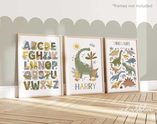 Set Of 3 Personalised Dinosaur Posters, Alphabet Print, Chart Bedroom Decor, Playroom Prints, Scandi Kids Art - image 1