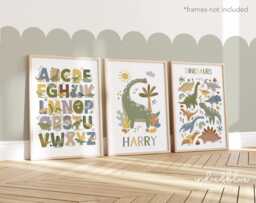 Set Of 3 Personalised Dinosaur Posters, Alphabet Print, Chart Bedroom Decor, Playroom Prints, Scandi Kids Art - thumbnail 1