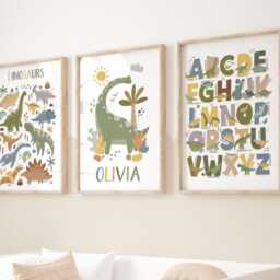 Set Of 3 Personalised Dinosaur Posters, Alphabet Print, Chart Bedroom Decor, Playroom Prints, Scandi Kids Art - thumbnail 3