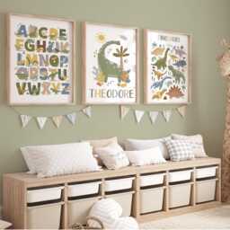 Set Of 3 Personalised Dinosaur Posters, Alphabet Print, Chart Bedroom Decor, Playroom Prints, Scandi Kids Art - thumbnail 2