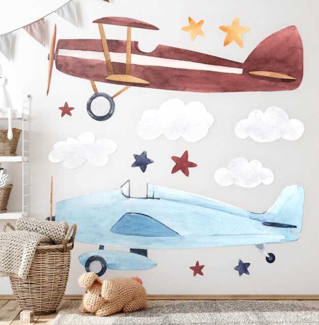 Two Cloud Planes Wall Stickers For Children's Room, Blue Kids Room Decor, Vehicles Decal Baby Self Adhesive - image 1