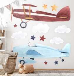 Two Cloud Planes Wall Stickers For Children's Room, Blue Kids Room Decor, Vehicles Decal Baby Self Adhesive - thumbnail 1
