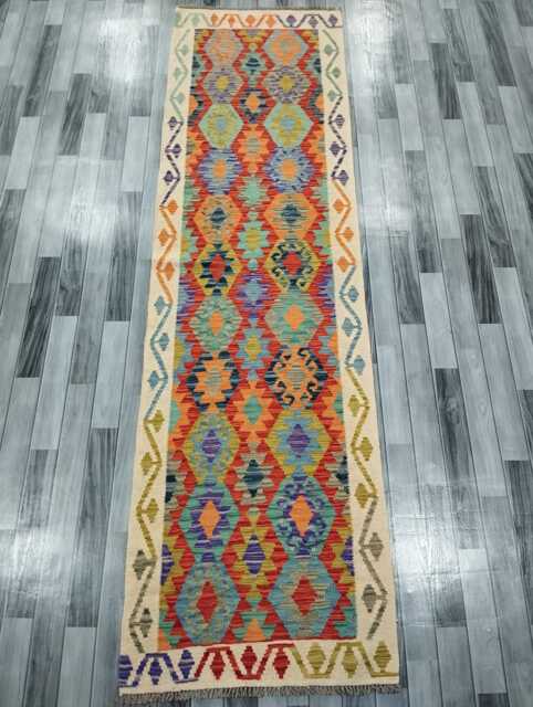 Classic Runner Rug, Handmade Artisan Afghan Turkish Scandinavian Navajo Bohemian Wool Flatweave Multicolour Kilim Rug 303x86 cm - image 1