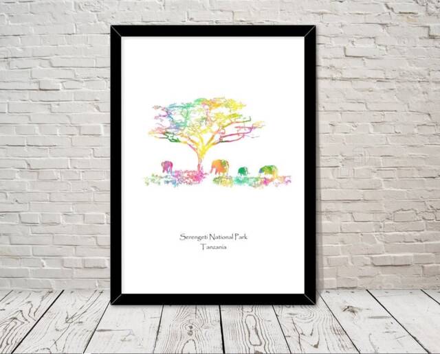 Serengeti National Park Tanzania Landmarks Watercolour Illustration Print World Attractions Famous Landmark Travel Poster