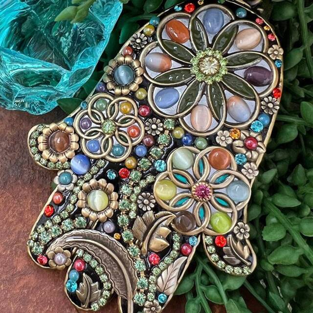 Floral Hamsa Wall Decor 24K Gold Hand Of Fatima With Crystals - image 1