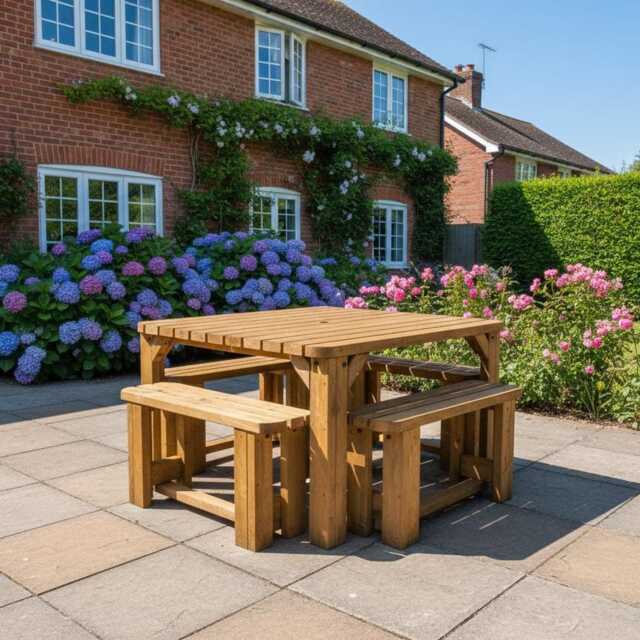 Quadrum Rounded Picnic Table With 4 Benches - Solid Wood 8-Seater Garden Dining Set Heavy Duty Timber Outdoor Furniture - image 1