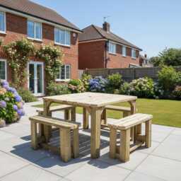 Quadrum Rounded Picnic Table With 4 Benches - Solid Wood 8-Seater Garden Dining Set Heavy Duty Timber Outdoor Furniture - thumbnail 3