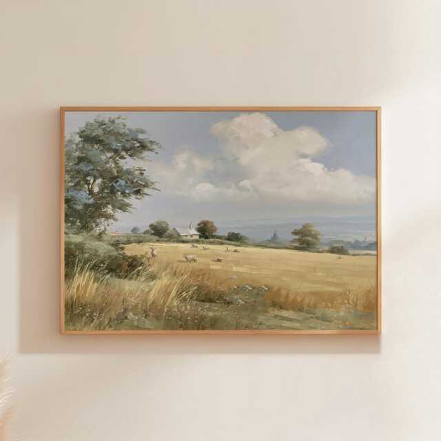 Golden Field Poster, Neutral Countryside Wall Art, Rural Painting - image 1