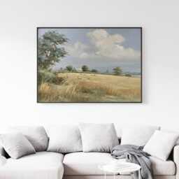 Golden Field Poster, Neutral Countryside Wall Art, Rural Painting - thumbnail 3