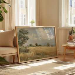 Golden Field Poster, Neutral Countryside Wall Art, Rural Painting - thumbnail 4