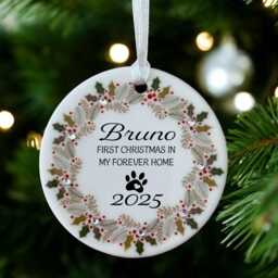Personalised Dog Cat First Christmas Gift Gift Ceramic Circle Decoration Bauble Ornament Holly Wreath Design With Diamante Detail