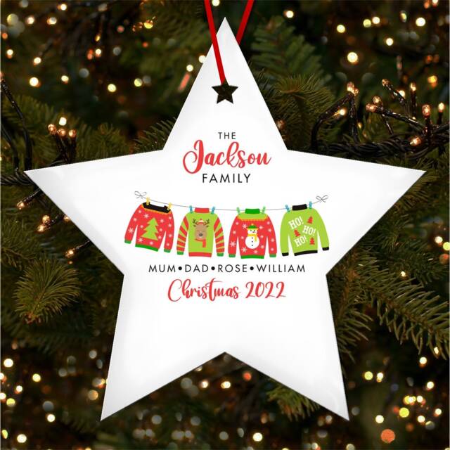 Family Name Jumpers Star Bauble Personalised Christmas Tree Ornament Decoration