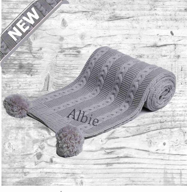 Personalised Embroidered Baby Blanket Deluxe Acrylic Wrap With Large Matching Pom Poms - image 1
