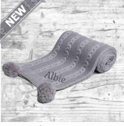 Personalised Embroidered Baby Blanket Deluxe Acrylic Wrap With Large Matching Pom Poms - thumbnail 1