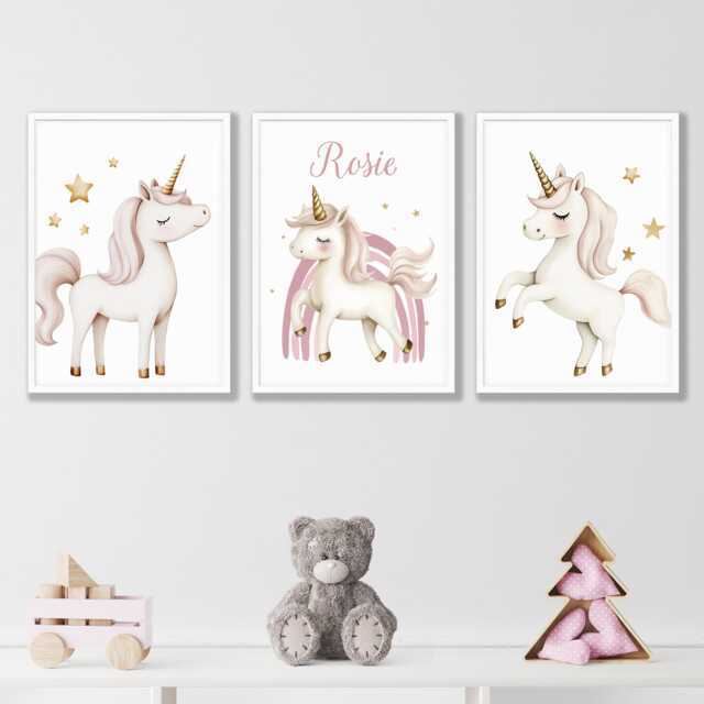 Personalized Unicorn Nursery Prints Pink Rainbow Wall Art Set - image 1