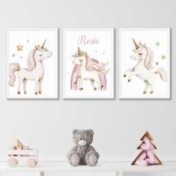 Personalized Unicorn Nursery Prints Pink Rainbow Wall Art Set