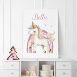Personalized Unicorn Nursery Prints Pink Rainbow Wall Art Set - thumbnail 3