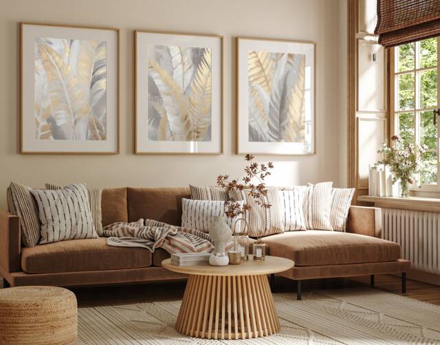 Neutral Abstract Art Prints, Modern Art, Gold Feather , Wall , Set Of 3 A5, A4, A3 A3+ A2 A1 , 50x70 cm Sizes, Fast Delivery - image 1