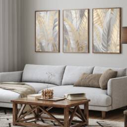 Neutral Abstract Art Prints, Modern Art, Gold Feather , Wall , Set Of 3 A5, A4, A3 A3+ A2 A1 , 50x70 cm Sizes, Fast Delivery - thumbnail 2