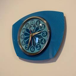 Formica Lucite Asymmetric Wall Clock From Royale - 1970's Retro Style in Sea Blue - thumbnail 3