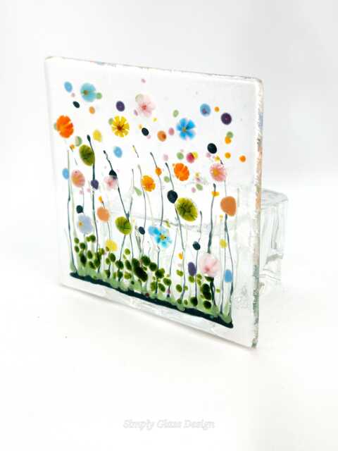 Handmade Fused Glass Tealight Holder, Meadow Flower Design - image 1