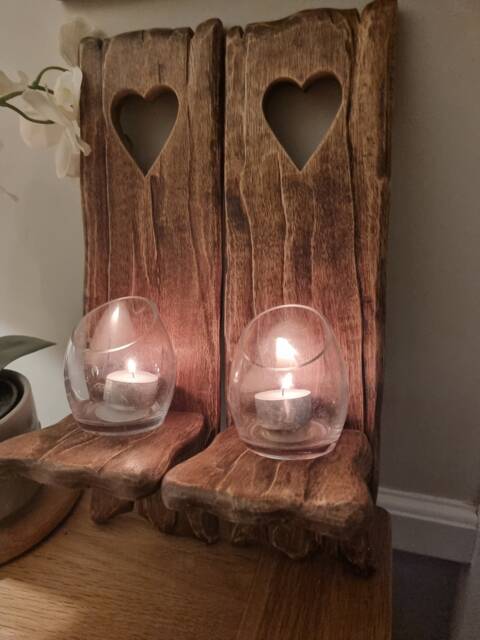 Pair Of Solid Oak Handmade Rustic Heart Candle Sconces Size 40x12 cm . Tudor Stain & Wax Finish Candles/Glass Etc Not Included - image 1