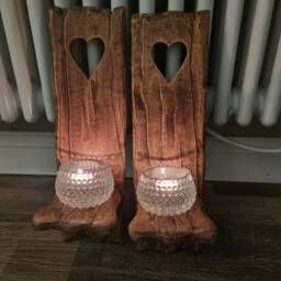 Pair Of Solid Oak Handmade Rustic Heart Candle Sconces Size 40x12 cm . Tudor Stain & Wax Finish Candles/Glass Etc Not Included - thumbnail 2