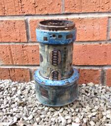 Ceramic Steampunk Vase, Vase With Macbook Circuit Board Pattern & Cogs, Blue Bronze Ceramic Geekery, Stoneware Vase - thumbnail 1