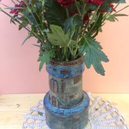 Ceramic Steampunk Vase, Vase With Macbook Circuit Board Pattern & Cogs, Blue Bronze Ceramic Geekery, Stoneware Vase - thumbnail 3