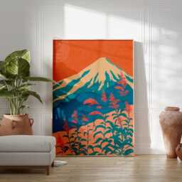 Teal & Coral Mountain Poster - Japanese Landscape Wall Art Print - thumbnail 3