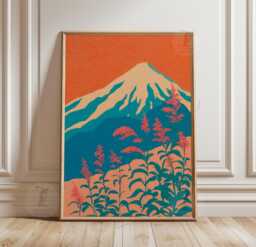 Teal & Coral Mountain Poster - Japanese Landscape Wall Art Print - thumbnail 1