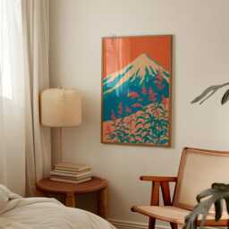 Teal & Coral Mountain Poster - Japanese Landscape Wall Art Print - thumbnail 2