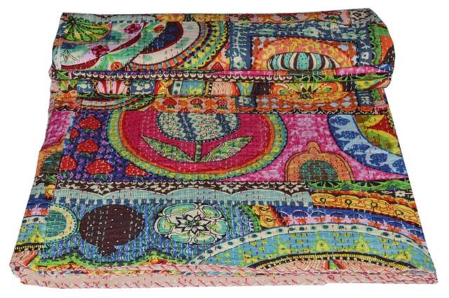 Indian Kantha Quilt Throw Multi Color Design Print Cotton Bedspread Queen Gudari - image 1