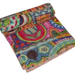 Indian Kantha Quilt Throw Multi Color Design Print Cotton Bedspread Queen Gudari - thumbnail 2