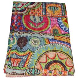 Indian Kantha Quilt Throw Multi Color Design Print Cotton Bedspread Queen Gudari - thumbnail 3