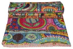 Indian Kantha Quilt Throw Multi Color Design Print Cotton Bedspread Queen Gudari