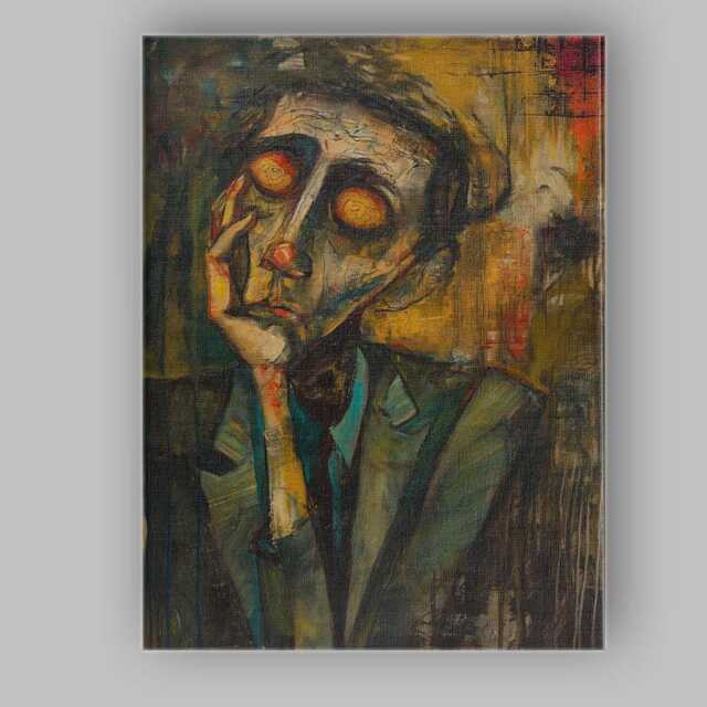 Surreal Thoughtful Man Glowing Eyes Expressionist Portrait Canvas Wall Art Print Decor Picture Ready To Hang - image 1