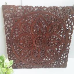 Hand Carved Wood Wall Art Hanging Mandala Panel Teak Lotus Flower Reclaimed Rustic Thai Carving King Bohemian Headboard 24 - thumbnail 3
