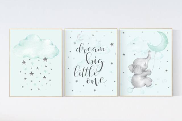 Mint Green Elephant Nursery Print Cloud & Raindrops Wall Art - image 1