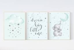 Mint Green Elephant Nursery Print Cloud & Raindrops Wall Art - thumbnail 1