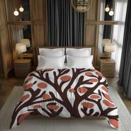 Boho Geometric Scandinavian Comforter, Mid-Century Modern Bedding, Maximalist Eclectic Bedroom Decor, Orange Brown On White #144