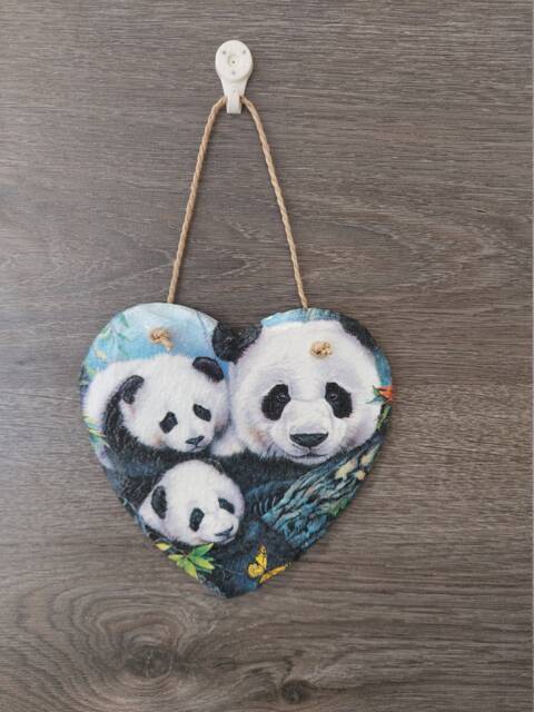 Panda Mother & Babies Slate Heart Plaque - Handmade Wall Hanging - image 1