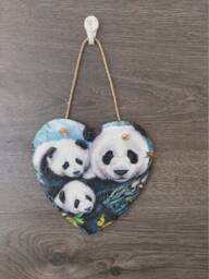 Panda Mother & Babies Slate Heart Plaque - Handmade Wall Hanging